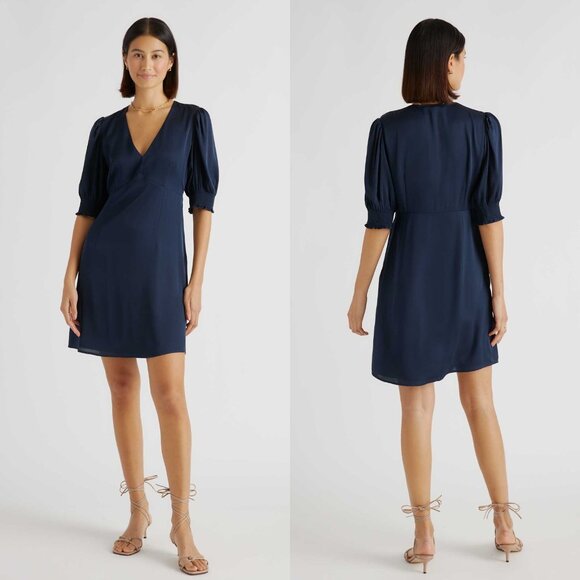 Quince Dresses & Skirts - QUINCE Washable Stretch Silk Puff Sleeve Mini Dress in Navy Size XL